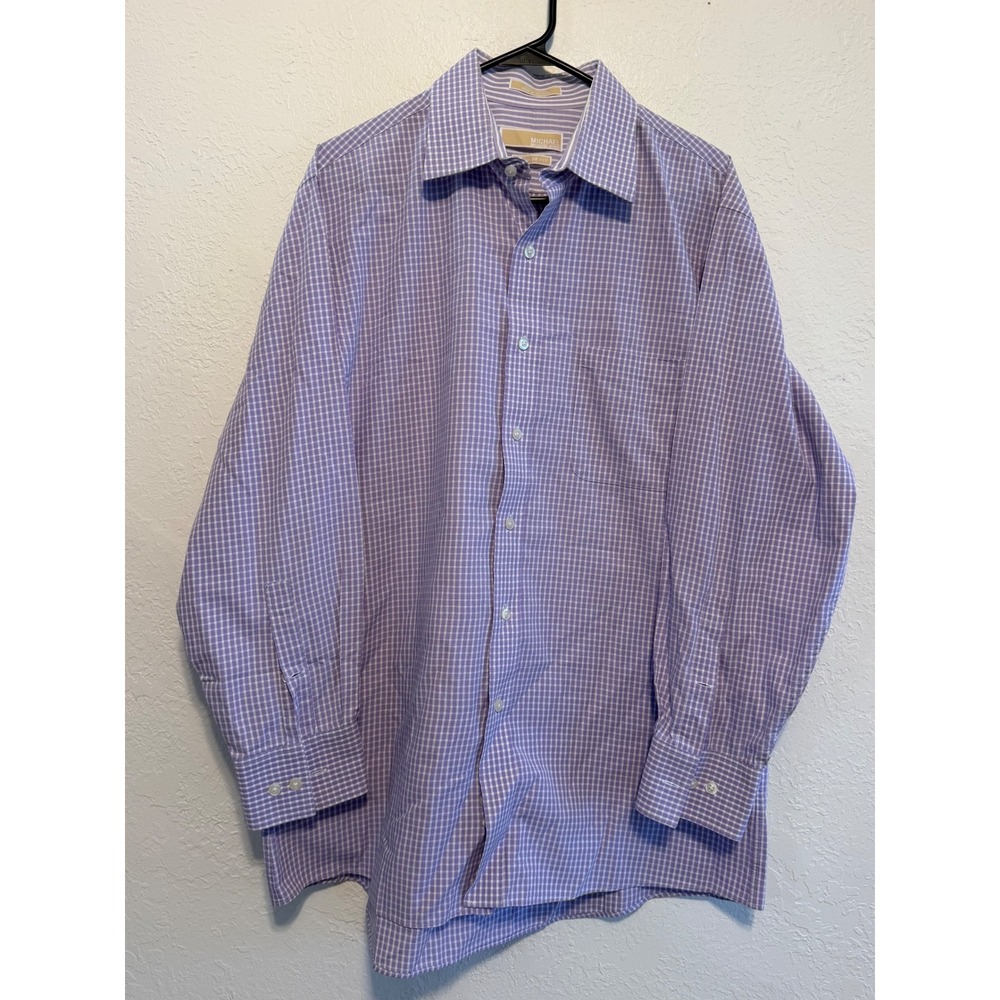 Michael Kors Mens Purple Micro Check Button Down Shirt Cotton Large 16.5 32/33
